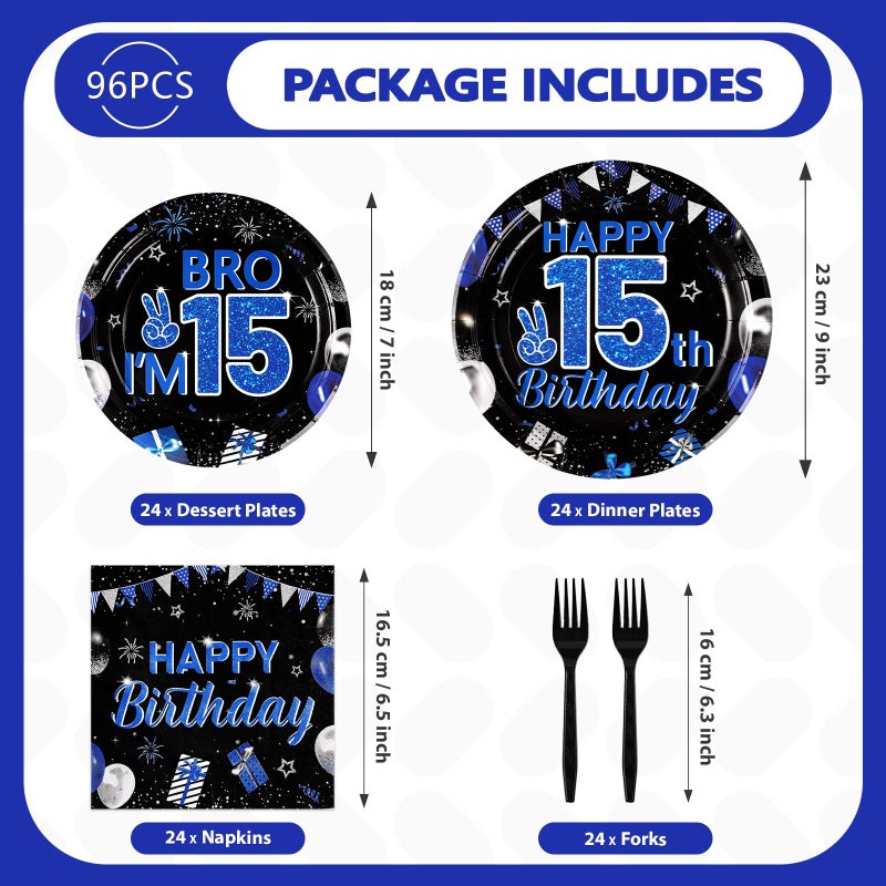 Grencian 96Pcs 15th Birthday Party Decorations for Boys Blue and Black 15th Birthday Plates Disposable Official Teen 15 Tableware for Teen Boys Im 15 Bro 15 Years Old Party Supplies Serves 24 - Image 5
